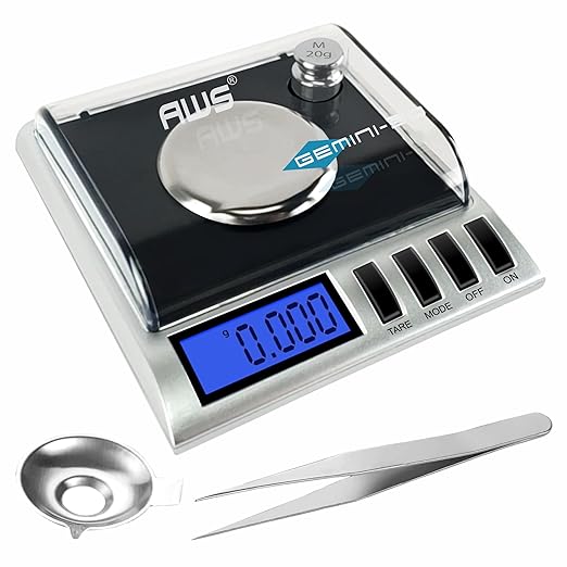 AWS Gemini-50 Milligram Scale 50g x 0.001g – Digital Jewelry/Lab Scale for Powder, Gold, Gems – Includes Calibration Weights, Tweezers & Tray – Tare, Cal, 6 Units, Pocket Size Mg Scale (Black)