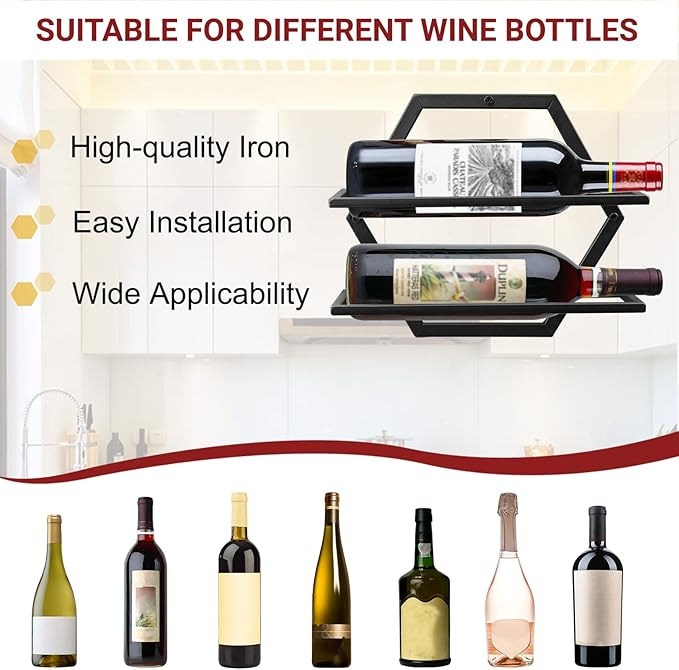 Wall Mounted Wine Bottle Rack, Black Metal Hanging Wine Display Holder Organizer, Red Wine Racks for Home Kitchen Bar Decor Storage (A)
