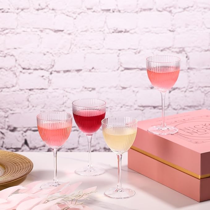 Nick and Nora Cocktail Glasses - Coupe Glasses Set of 4, Vintage Ribbed Martini Glassware, Crystal Cordial Cups for Whiskey, Gin, Vodka, Champagne, Women Gifts, 5 Oz