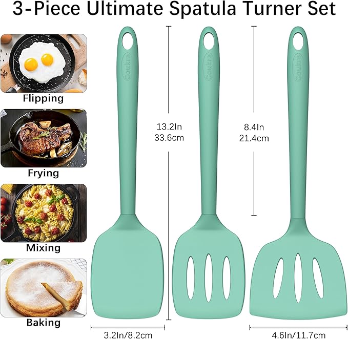 Coukre 3 Pack Silicone Spatula Set, High Heat Resistant, BPA-Free, Fish Spatula, Solid & Slotted Turner for Non-Stick Pans, Flipping Eggs, Pancakes, Fish, Burgers (3, PureAquaGreen)