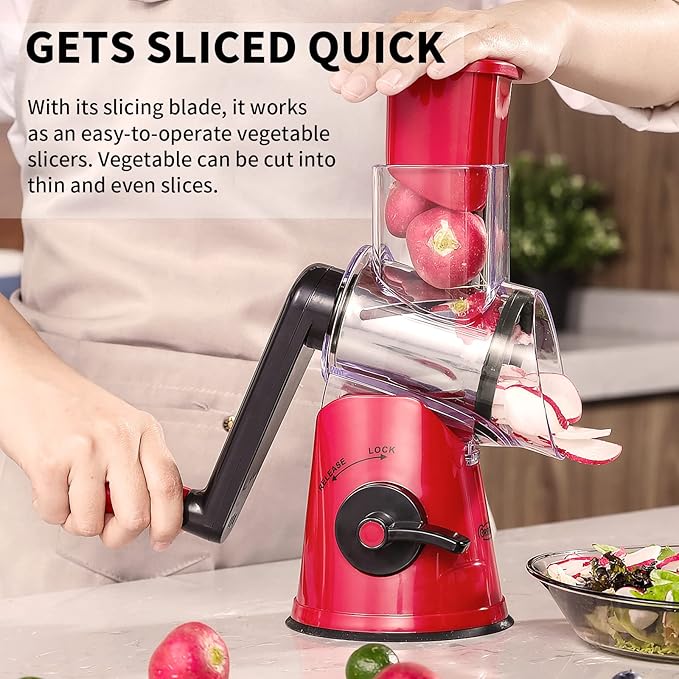 Rotary Cheese Grater, 3 in 1 Cheese Shredder Grater Rotary with Handle, Vegetable Mandoline Slicer Shredder for Vegetable, Cheese, Nut