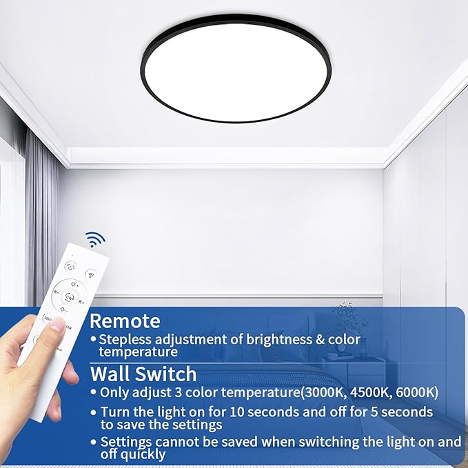 20 Inch Black Led Ceiling Light, Dimmable with Remote Control, Modern, Ultra Thin Flush Mount, Round Light Fixtures, 48W, 4800 Lumen, for Bedroom, Living Room, Kitchen, Dining Room