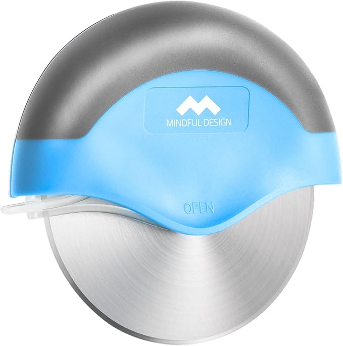 Mindful Design Pizza Cutter Wheel with Protective Blade Cover, Easy to Clean and Dishwasher Safe Ergonomic Pizza Slicer (Blue)