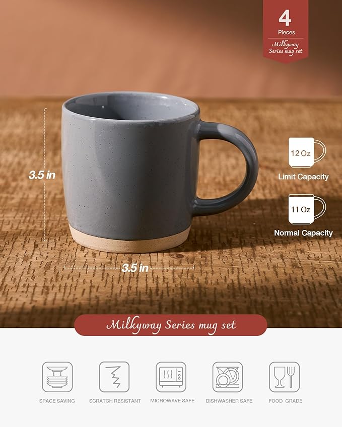 famiware Coffee Mugs for 4, 12 oz Mug Set, Drinking Cup with Handle for Coffee, Tea, Cocoa, Milk, Milkyway serise, Dark Gray