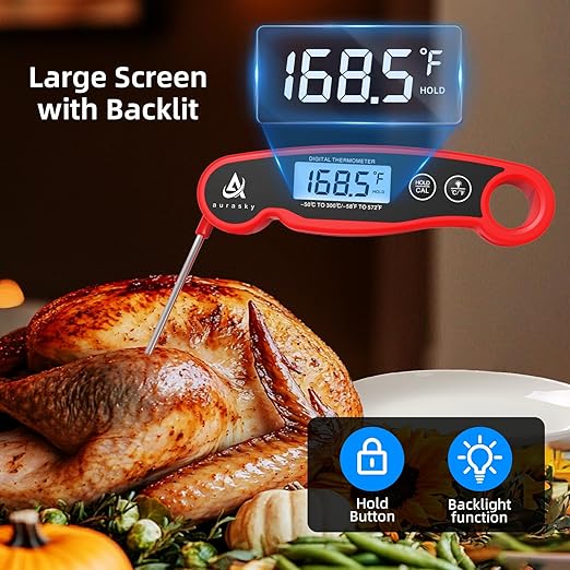 Aurasky Instant-Read Meat Thermometer Digital for Cooking and Grilling, Waterproof Food Thermometer with Backlight, Calibration & Hold Function for Kitchen, BBQ, Deep Fry, Candy, Liquid (Red)