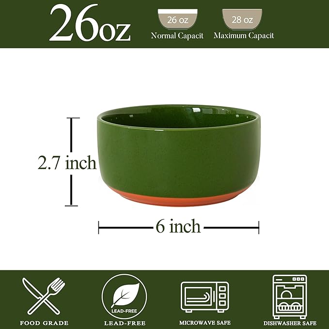 Stoneware Cereal Bowls Set of 4, 6 Inch Deep Bowl for Oatmeal, Soup, Ceramic Bowls Sets, Microwave Safe, Dishwasher Safe, Versatile for All Seasons, Forest Glaze Green