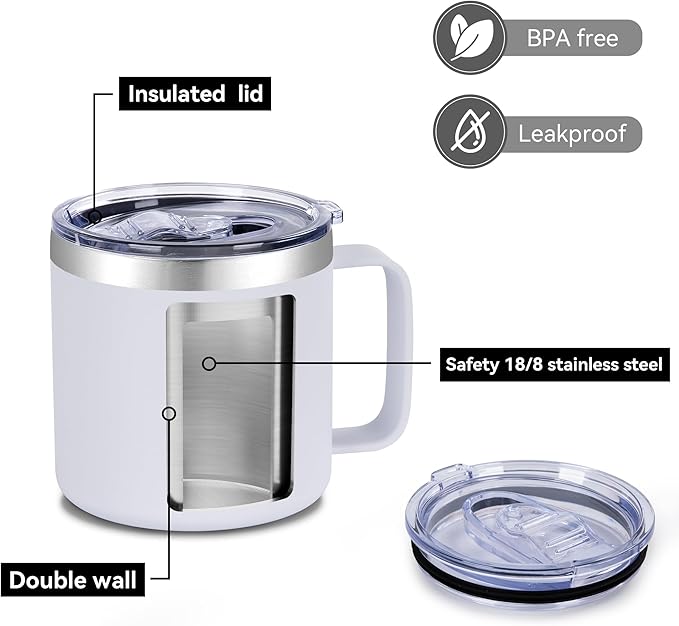 VEGOND 14 oz Insulated Coffee Mug Bulk with Handle, Stainless Steel Travel Coffee Mug with Lid, Double Wall Vacuum Metal Coffee Cup, Coffee Tumbler Powder Coated, White 8 Pack