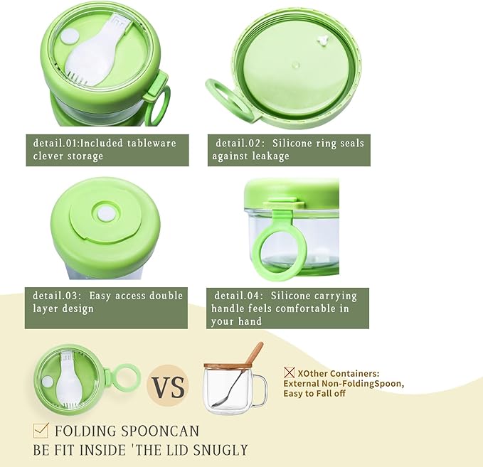 2 Pack Overnight Oats Containers with Lids, Folding Spoons 26 oz Plastic Mason Jars Containers with Lids Portable Cereal and Milk Container on The Go (White and green Oatmeal Cup)