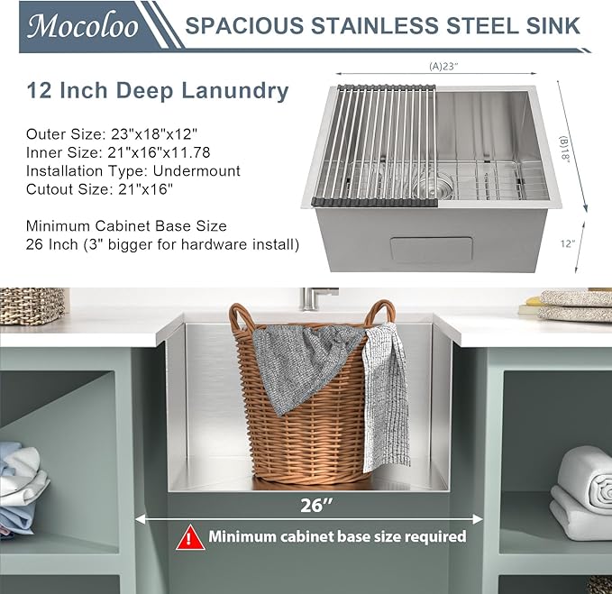 Mocoloo 23 Inch Laundry Sink - 23 x 18 Undermount Utility Sinks 16 Gauge Single Bowl Stainless Steel Utility Tub Sink 12 Inch Deep Laundry Room Sinks Under Counter Seamless Handmade Basin
