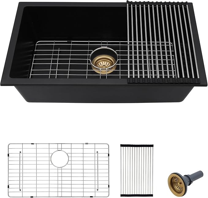 33 Granite Composite Kitchen Sink - Fulorni 33"×19" Granite Kitchen Sink Undermount Matte Black Quartz Classic Under Counter Single Bowl Basin