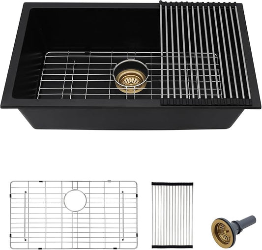 33 Granite Composite Kitchen Sink - Fulorni 33"×19" Granite Kitchen Sink Undermount Matte Black Quartz Classic Under Counter Single Bowl Basin