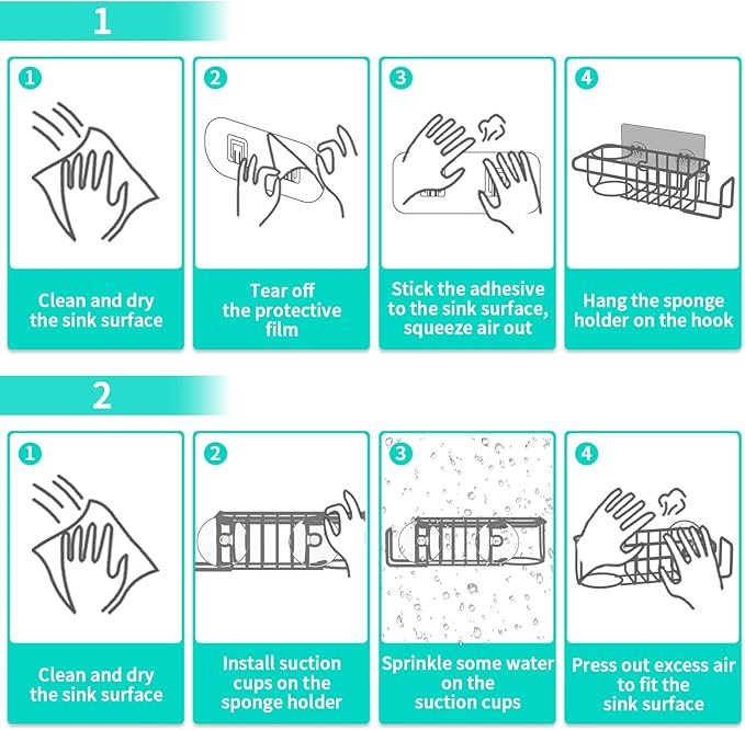 HapiRm 4 in 1 Adhesive Sponge Holder Sink Caddy, SUS304 Stainless Steel Brush Holder + Dish Cloth Hanger + Soap Rack + Sink Stopper Rack, No Drill Kitchen Sponge Caddy - Black