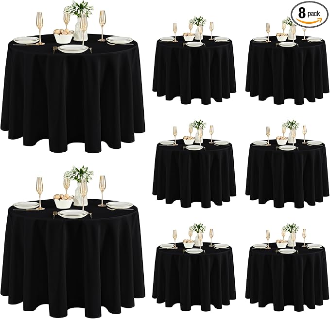 Fitable 8 Pack Round Tablecloths: Stain Resistant Wrinkle Free Circle Table Clothes, Washable Reusable Polyester Table Covers for Wedding Party Birthday Banquet Reception(Black, 120 Inch)