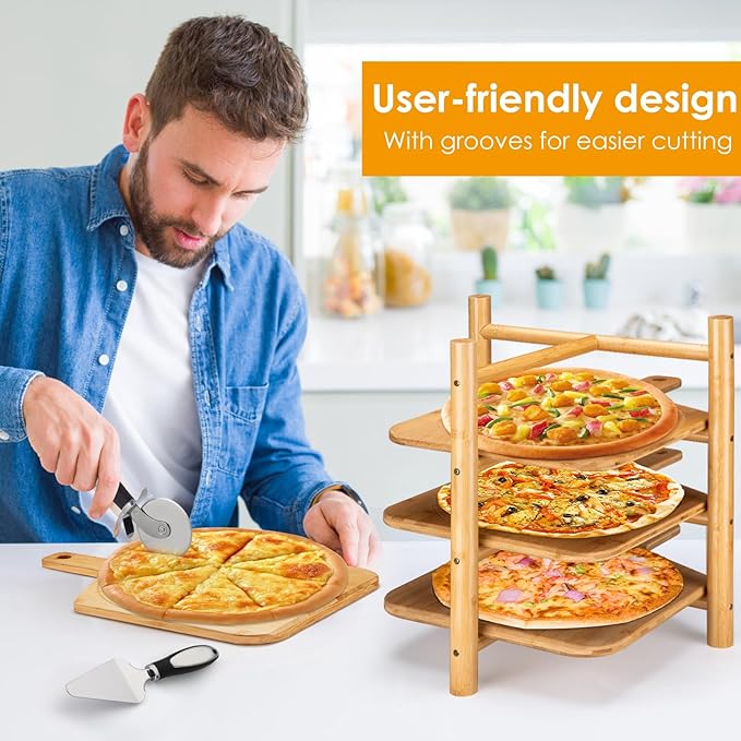 4 pcs Pizza Peel with Stand Smooth Pizza Paddle Pizza Cutting Board with 6 Slice Grooves Premium Serving Tray with Stainless Steel Pizza Cutting wheel and Pizza Shovel