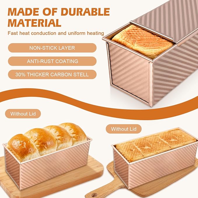 Pullman Loaf Pan with Lid, Non-Stick Carbon Steel Bread Pan for Homemade Sandwich & Sourdough Bread, 1lb Dough Capacity, Corrugated Toast Box Mold, Gold