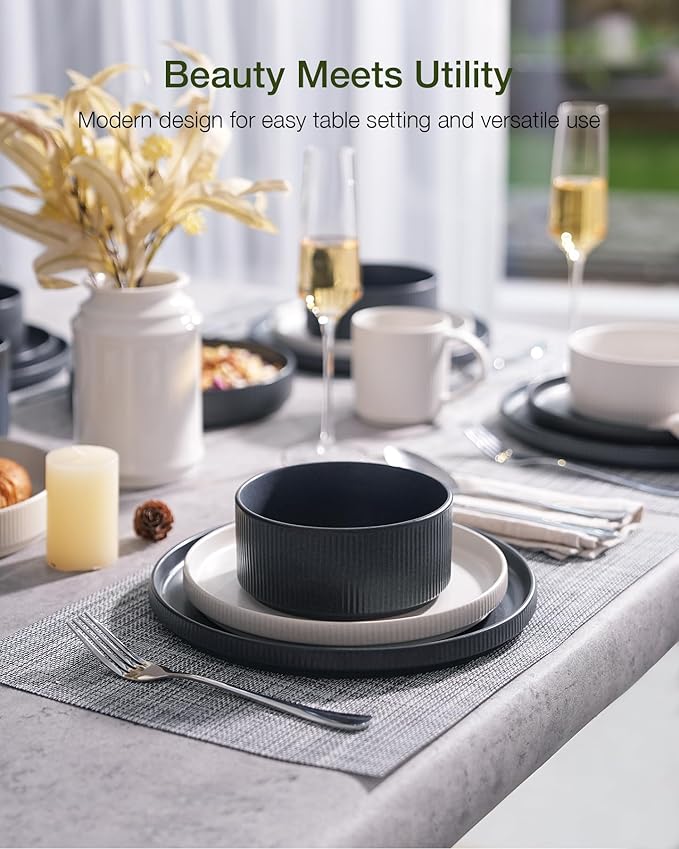 Famiware Star Dinnerware Set, Plates and Bowls Sets for 4 (12pcs), Ribbed Stoneware Dishes - Chip & Scratch Resistant, Microwave & Dishwasher Safe, Multicolor - Matte White & Matte Dark Charcoal