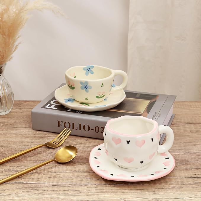 Koythin Ceramic Coffee Mug with Saucers, Handmade Flowers Mugs, Cute Cup for Girl Women, Aesthetic Tea Milk Cup with Handle, 8.5 oz/250 ml for Latte, Cocoa, Office, Home (Blue Flowers and Tulips)