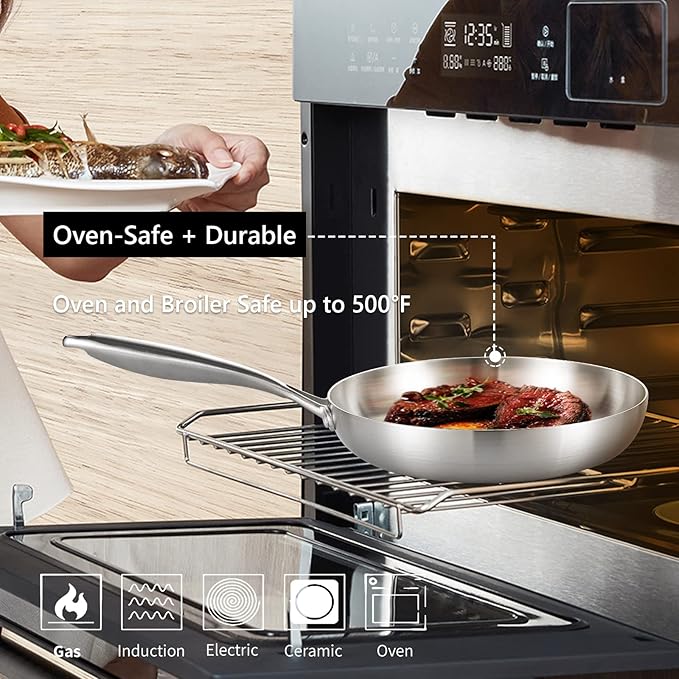 LOLYKITCH 8.5 Inch Tri-Ply Stainless Steel Frying Pan,Small Skillet,Induction Cooking Pan,Dishwasher and Oven Safe,Rivet Handle