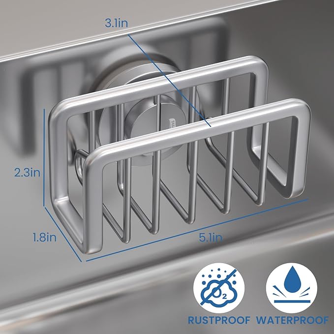 TAILI Sponge Holder for Kitchen Sink with Strong Suction Cup, Removable Sponge Holder, Rustproof Aluminum Sink Caddy for Sponges, Dish Brush - Silver