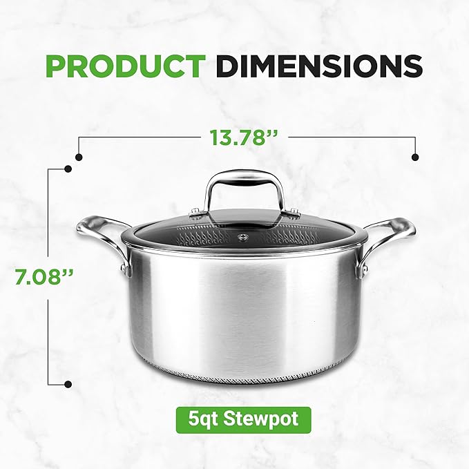NutriChef 5 QT Stainless Steel Stew Pot - Triply Kitchenware Stew Pot with Glass Lid - DAKIN Etching Non-Stick Coating, Scratch-resistant Raised-up Honeycomb Fire Textured Pattern - NutriChef NC3PCAS