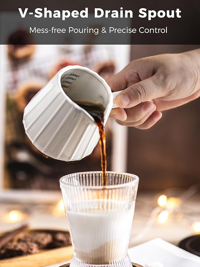 Espresso Cups Ceramic, 200ML Espresso Measuring Cup with Handle, Expresso Shots Cups with Scale, Espresso Accessories, White