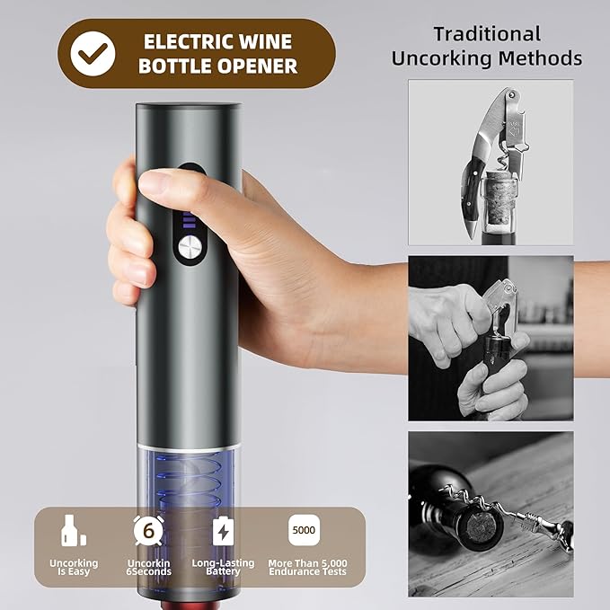 Rechargeable Electric Wine Opener Gift Set: Wine Opener, Aerator, Vacuum Stoppers & Foil Cutter - Wine Lovers Gifts for Women Men, Mom