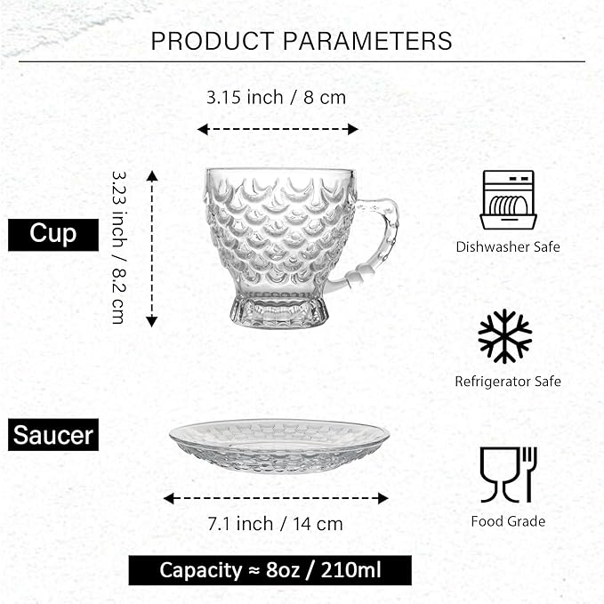 Glass Tea Cups and Saucers Set of 6 - Fish Scale Coffee Mugs - Teacups Set for Espresso Cappuccino Latte Tea - Dishwasher Microwave Safe (7OZ / 210ML)