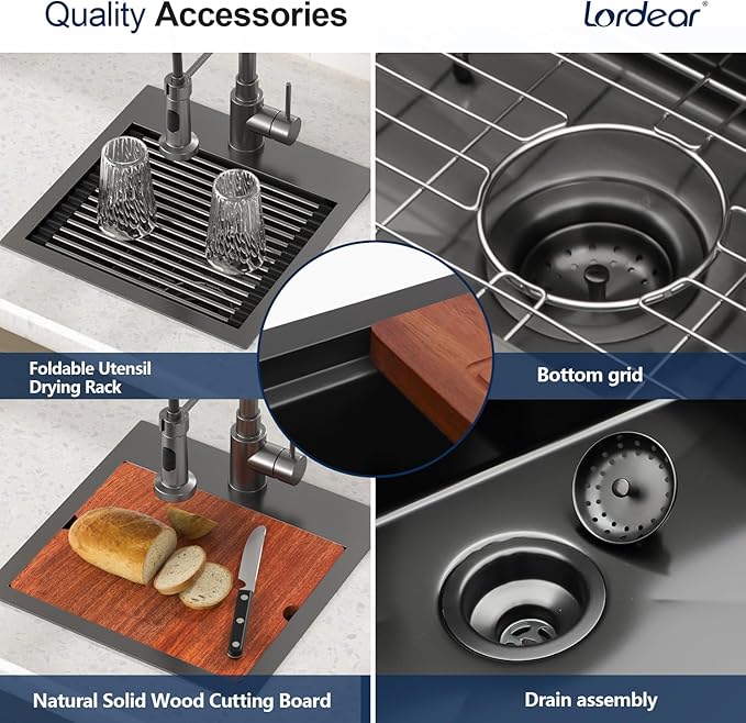 Lordear Bar Sink 15 Inch Black Drop In Kitchen Sinks Stainless Steel Bar Sink 16 Gauge Single Bowl Topmount Small Prep RV Sinks Square Basin