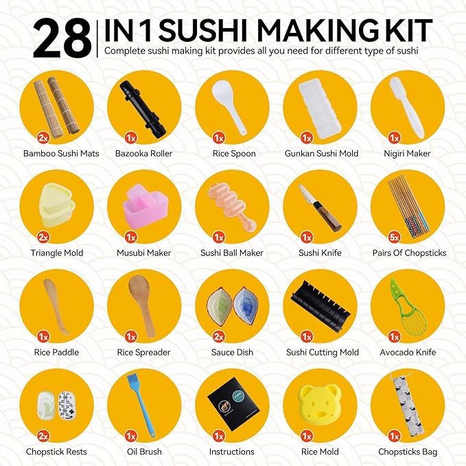Sushi Making Kit, Pro Sushi Maker Bazooker Roller Kit with Guide Includes Bamboo Mat, Cutting Mold, Sushi Knife, Onigiri Mold, Chopsticks, Sauce Dishes, Rice Spreader&More All You Need DIY Sushi Gift