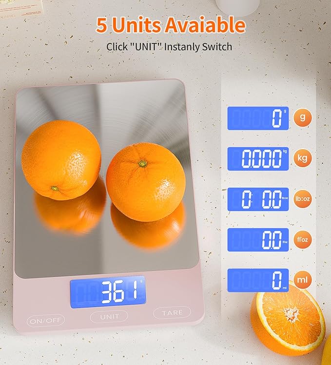 Food Scale -33lb Digital Kitchen Scale for Food Ounces Grams Rechargeable 306 Stainless Steel,Batteries and Type-C Charging | Perfect for Meal Prep, Cooking, and Baking, Pink
