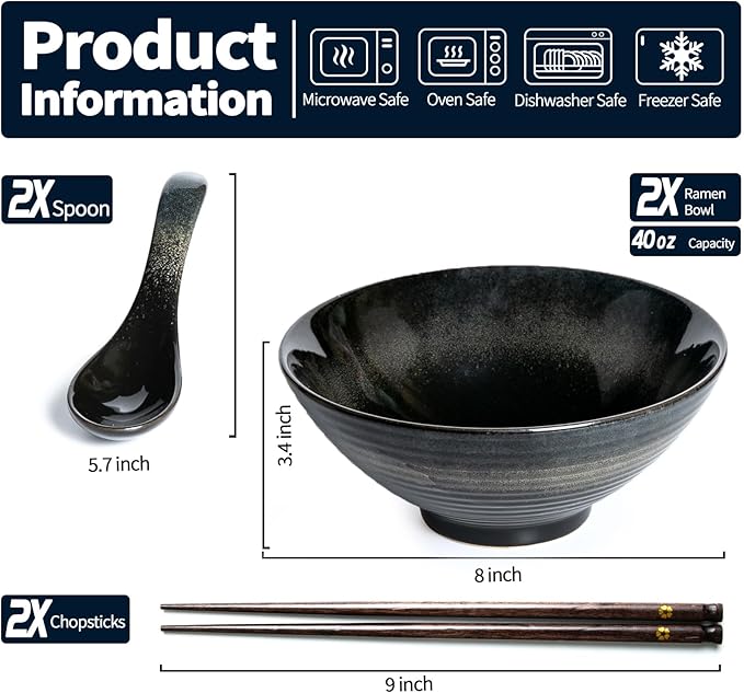 40 oz Ceramic Ramen Bowl Set of 2, Ramen Noodle Bowl with Spoons and Chopsticks 8 Inch Japanese Retro Style Large Soup, Pho, Udon Bowls, Microwave & Dishwasher Safe, Black