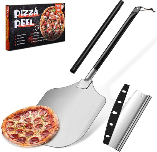 Pizza Peel Aluminum Pizzas Spatula (12 Inch), Joyfair Long Handle Metal Pizza Paddle with Cutter Rocker Pizza Oven Accessories Turning Tool Kit, Commercial Grade (Extent length 38.5’’ to 49’’)