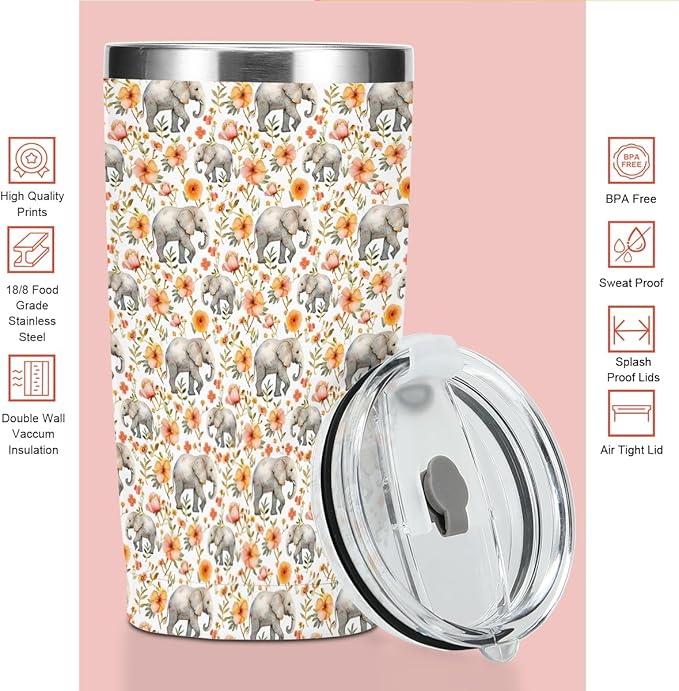 Cute Elephants Tumbler, Elephant Decor 20 oz Stainless Steel Coffee Mug，Travel Cup，Insulated Cup with Lid for Car, Elephant Gifts for Women Girls Animal Lovers Birthday Christmas Thanksgiving
