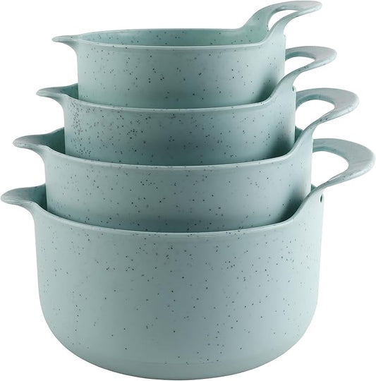 COOK WITH COLOR Nesting Plastic Mixing Bowl Set with Pour Spouts and Handles, Speckled Mint, 4 Piece Non-Slip