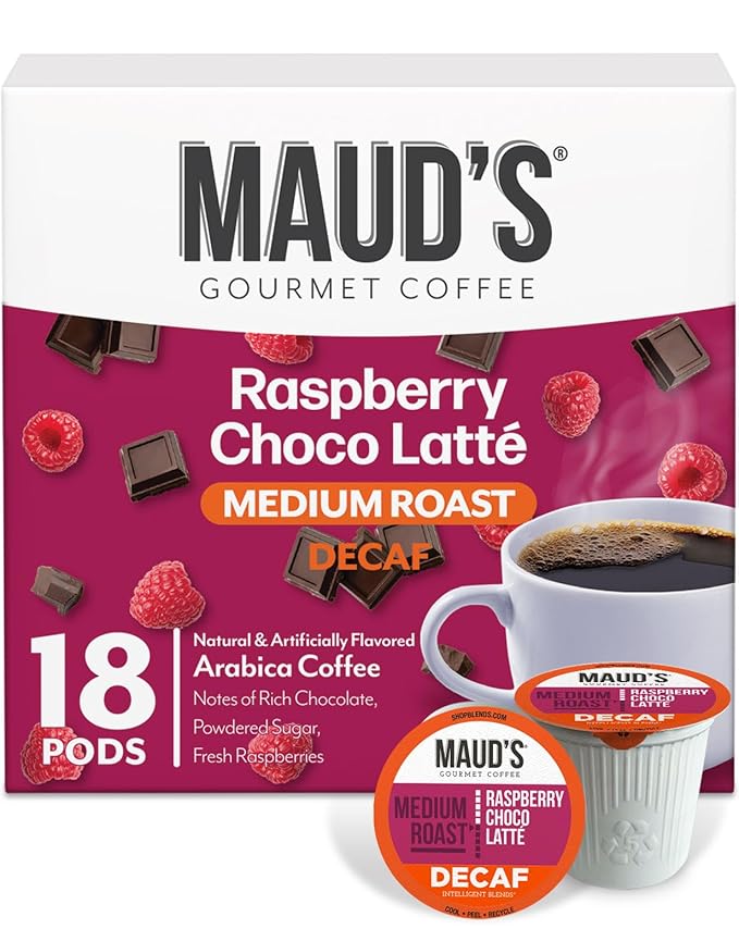 Maud's Decaf Raspberry Chocolate Flavored Coffee Pods, 18 ct, Decaffeinated Medium Roast Flavored Coffee in Recyclable Single Serve Pods – 100% Arabica Beans, Compatible with Keurig K Cups Maker
