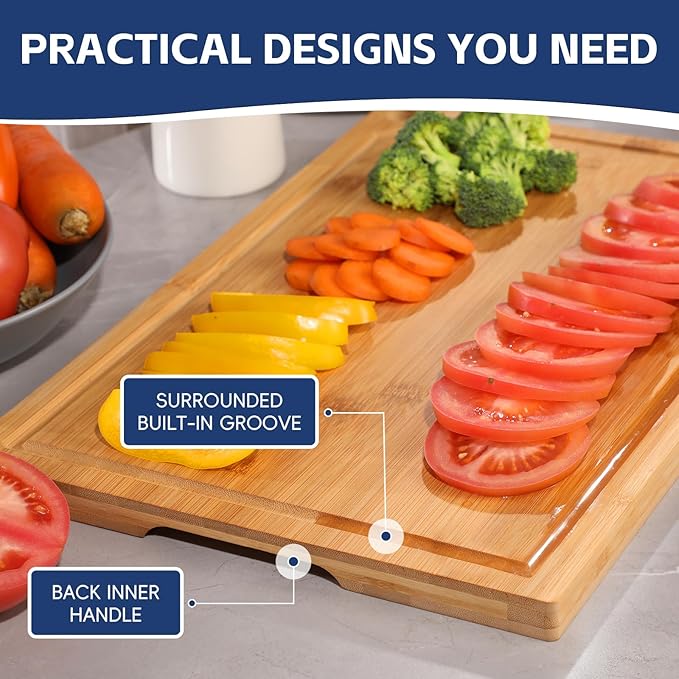 Hiware 3-piece Bamboo Cutting Boards for Kitchen, Heavy Duty Bamboo Cutting Board with Juice Groove, Wood Cutting Board Set for Meat, Vegetables