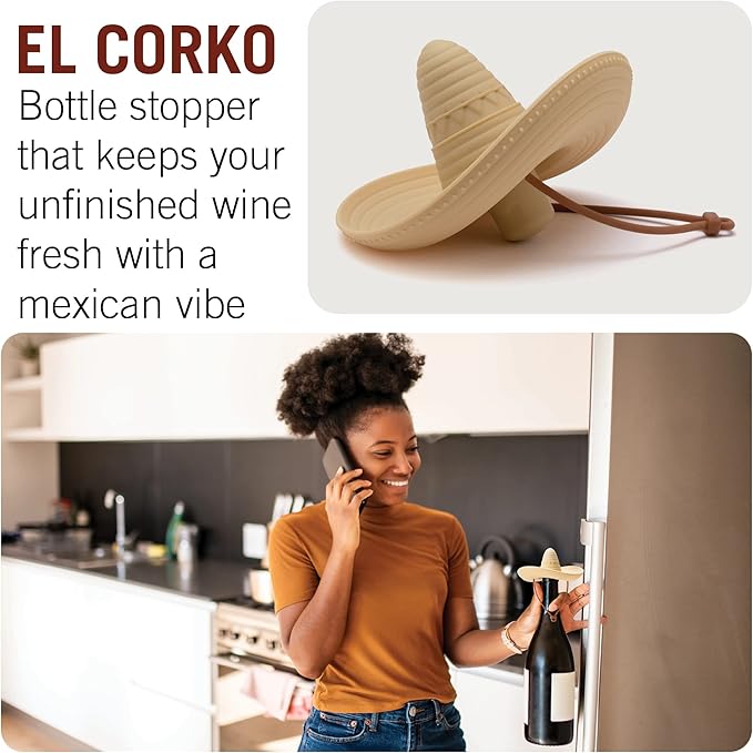 Silicone Wine Stopper/Fun Sombrero shaped cap seals bottle and keeps wine fresh/Cute Wine Accessories/ Kitchen Gadgets/el Corko Bottle Stopper by Monkey Business