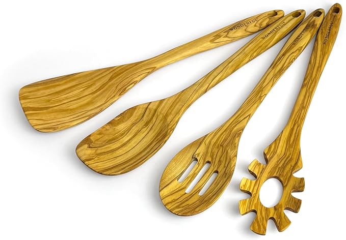 WONDERFUL 4 Pcs Olive Wooden Spoons for Cooking - 13.5 Inch Long, Set with Spatula, Corner Spoon, Slotted Spoon, Spaghetti and Pasta Server with Measurer…