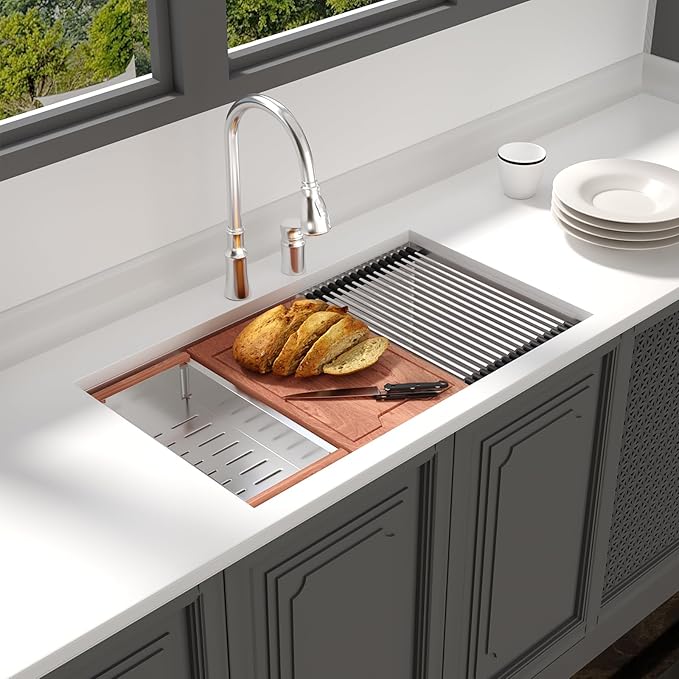 Lordear 32 Undermount Kitchen Sink 32x19 Inch Stainless Steel Kitchen Sinks Ledge Workstation 16 Gauge Single Bowl Under Counter Handmade Sink with Cutting Board