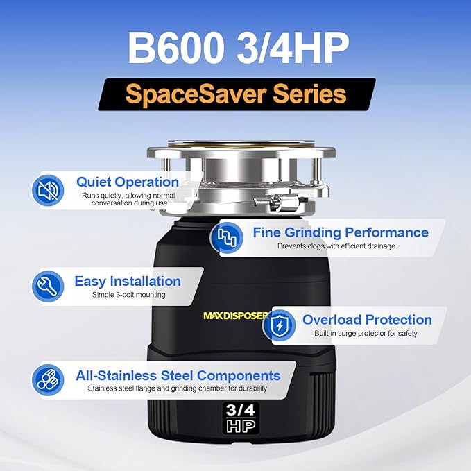 Small Garbage Disposal 3/4 HP for Kitchen sink Quiet with Power Cord, Continuous Feed Food Waste Disposer Stainless Steel Grind 0.75 Horsepower, Easy to install