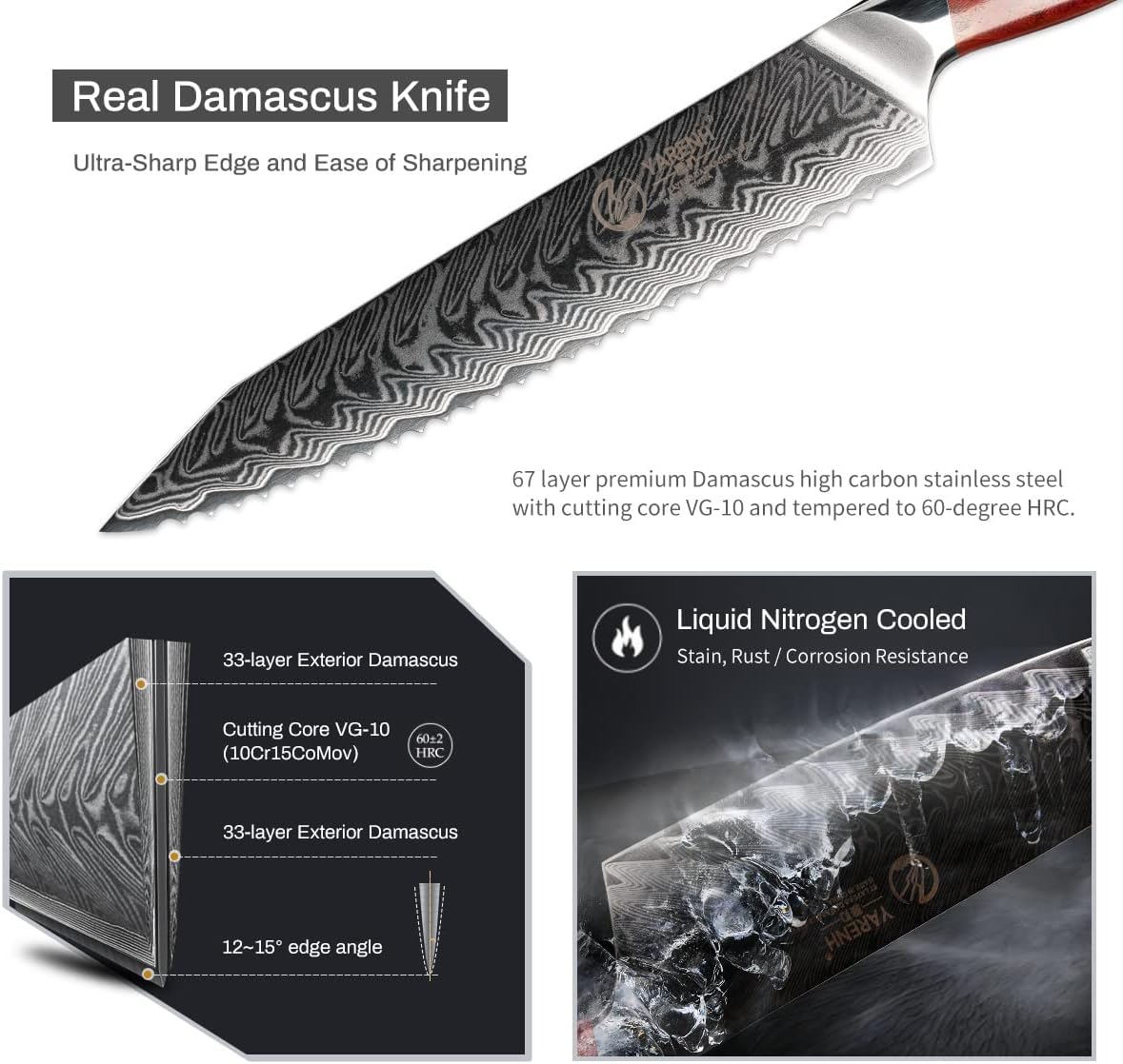 YARENH Damascus Bread Knife - 8-Inch Ultra-Sharp Serrated Knife,67-Layer Damascus Steel Blade, Long-Lasting Performance, Exquisite Sandalwood Handle, Ideal for Gifting