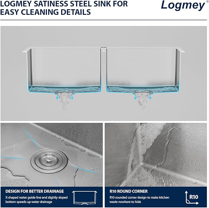 Logmey 33x22 Stainless Steel 50/50 Double Bowl Drop In Kitchen Sink - 16 Gauge Topmount, 33x22x9 Inches