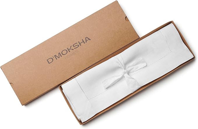 D'Moksha Homes White Linen Placemats Set of 6 - Classic Hemstitch Placemats 14 x 19 Inch - 100% Pure Linen Table Mats for Fall, Thanksgiving, Christmas, Holiday - Handcrafted and Machine Washable