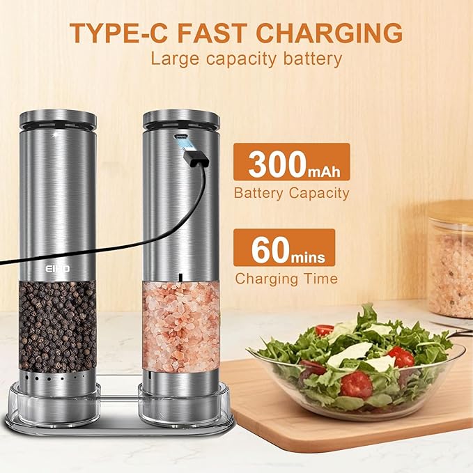 Electric Salt and Pepper Grinder Set Rechargeable, Automatic Salt and Pepper Shakers Mills with 6-Level External Adjustable Coarseness, LED Light, House Warming Cooking Gifts for Women Men