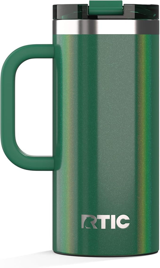 RTIC 16oz Road Trip Travel Mug with Lid and Handle, Ceramic Lined, Insulated, Stainless Steel, Metal, Double Wall Vacuum-Insulation, Portable Coffee, Tea Cup for Hot and Cold Drink, Pine Tree Glitter