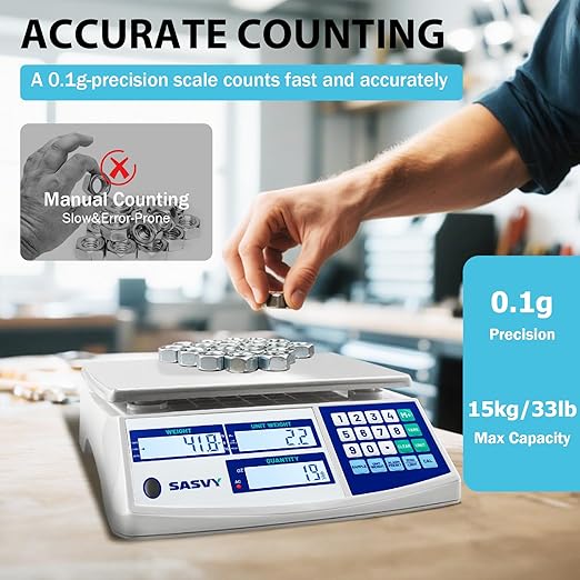 Counting Scale (33lb/15kg, 0.1g) lb/oz/kg/g Industrial Digital Inventory Scale with Battery for Small Parts, Coins, Pieces, Tickets
