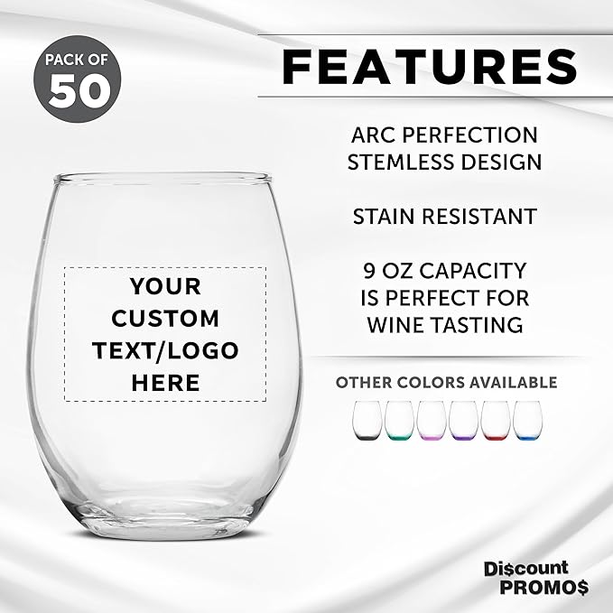 Custom Stemless Wine Glass 9 oz. Set of 50, Personalized Bulk Pack - Great for Wedding Favors, Bachelorette Party Decorations, Party Favors, Color Bottom - Clear