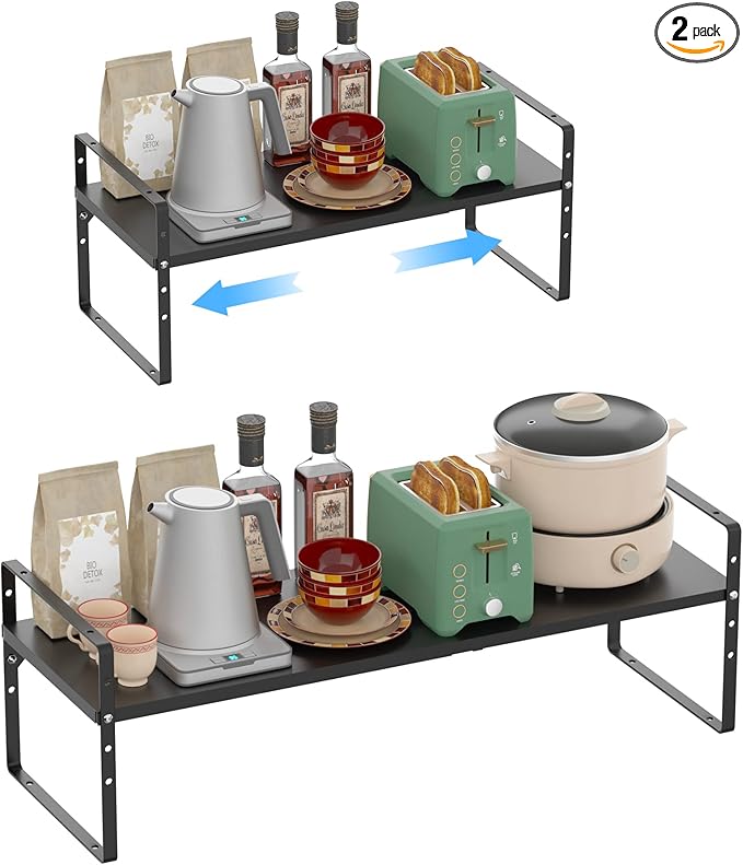 Redrubbit Large Expandable Cabinet Shelf Organizers, Stackable Kitchen Counter Shelves Spice Rack for Kitchen Bathroom Pantry Cupboard Desk Home Office, Black-2 Pack