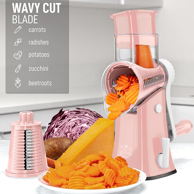 Zulay Kitchen Rotary Cheese Grater 5 Blade Cheese Shredder - Manual Hand Crank Cheese Grater With Reinforced Suction & 5 Interchangeable Drums - Easy to Use, Vegetable Chopper Round Mandoline Slicer
