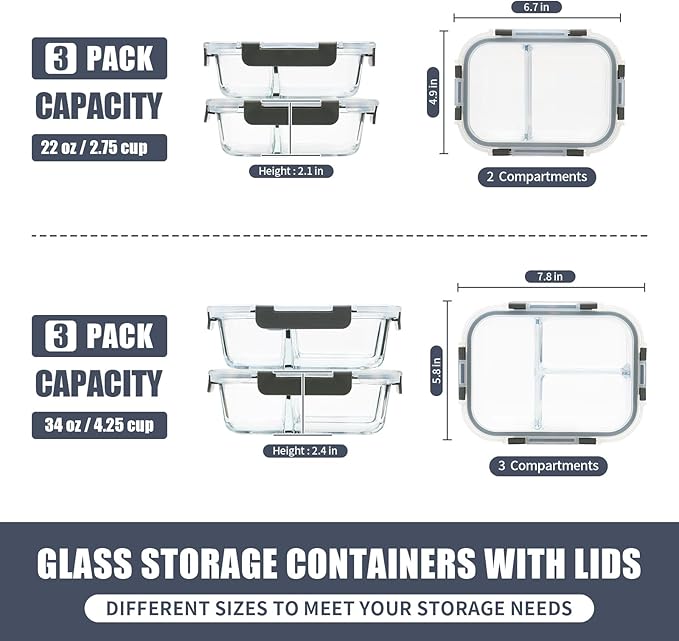 2 & 3 Compartment Meal Prep Containers - Glass Food Storage Lunch Containers with Lids, Bento Box, Portion Control, Freezer to Microwave Safe